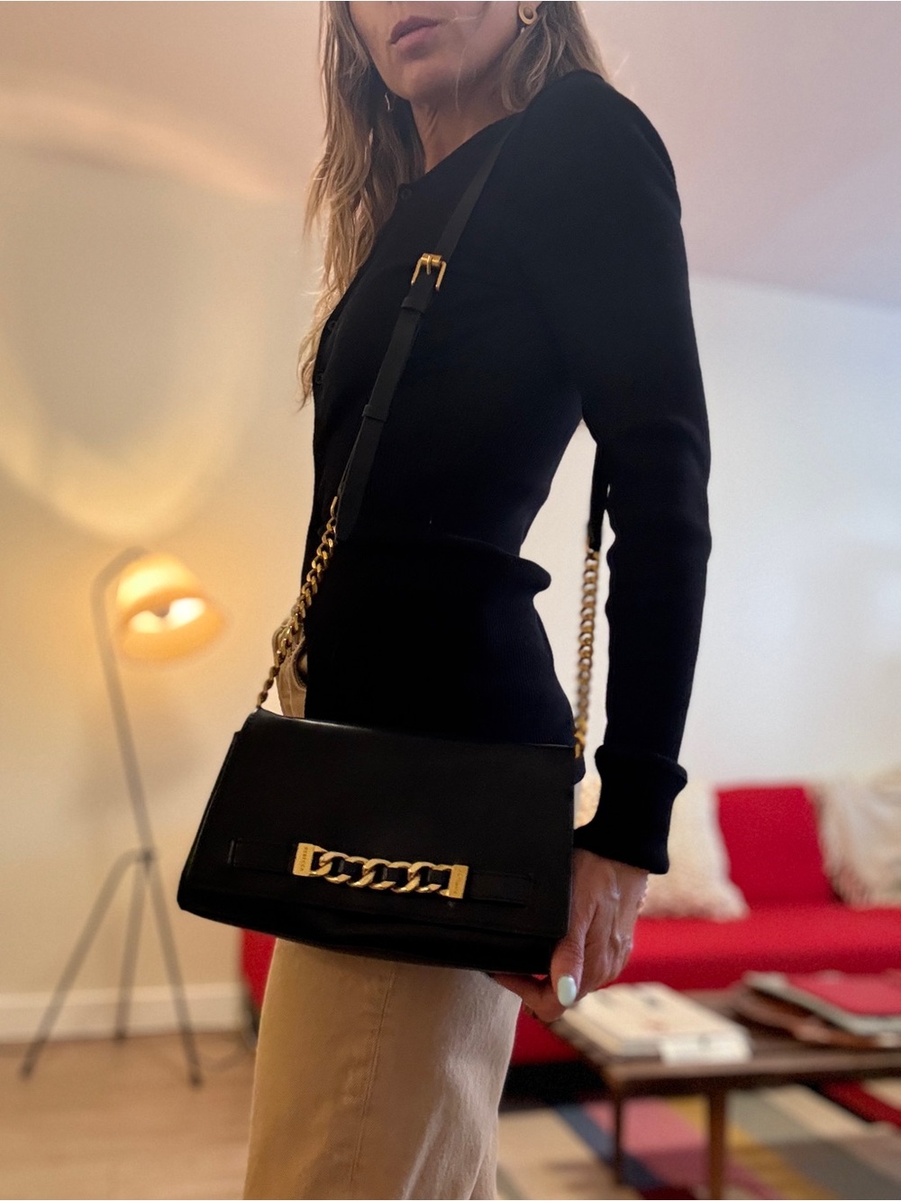 Rebecca Minkoff Black Shoulder Bag with Gold Chain Accent